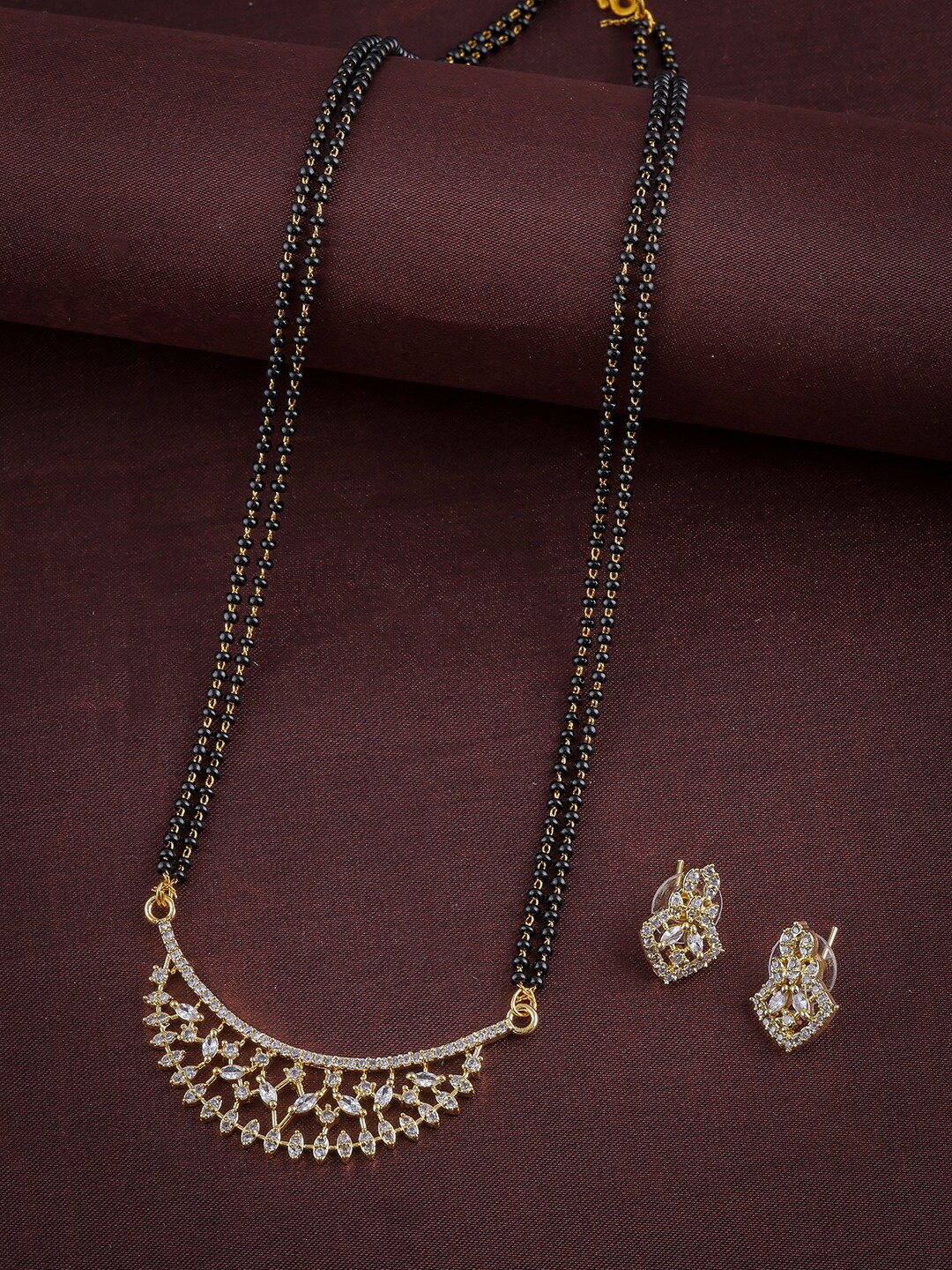 

Brandsoon Gold-Plated & White AD-Studded Beaded Mangalsutra With Earrings
