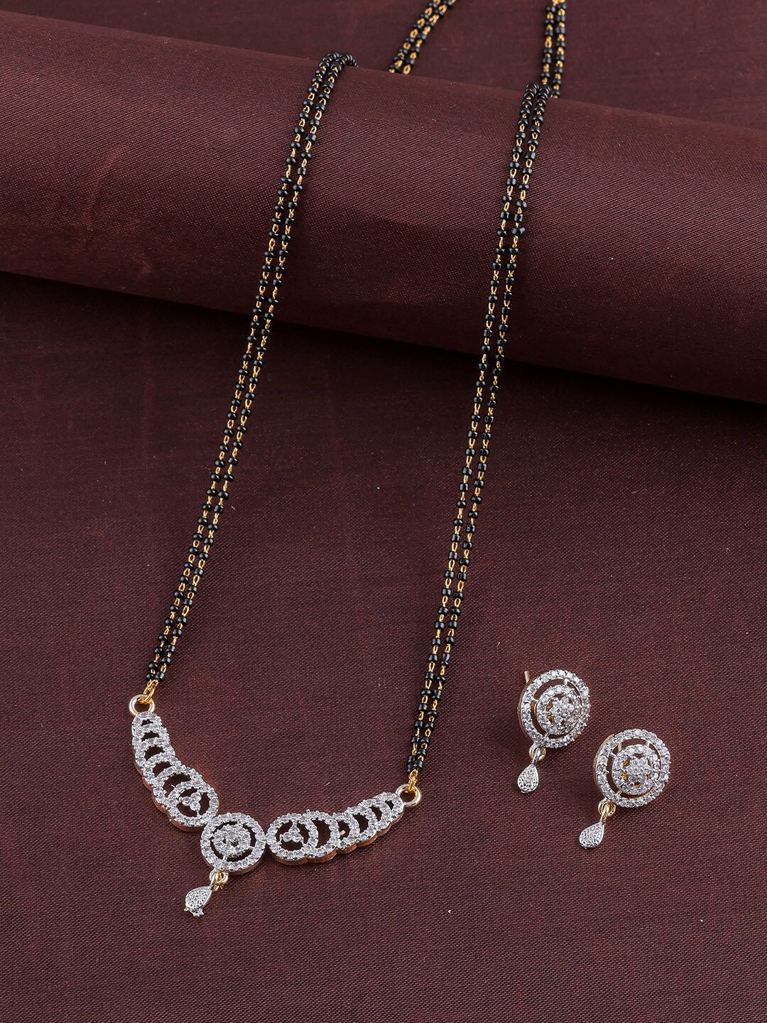 

Brandsoon Gold-Plated White & Black AD-Studded & Beaded Mangalsutra With Earrings
