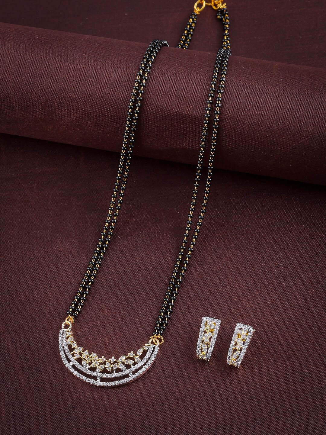 

Brandsoon Gold-Plated Black & White AD-Studded & Beaded Mangalsutra With Earrings