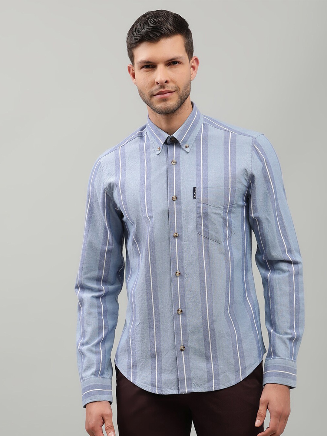 

BEN SHERMAN Men Blue Modern Striped Pure Cotton Casual Shirt