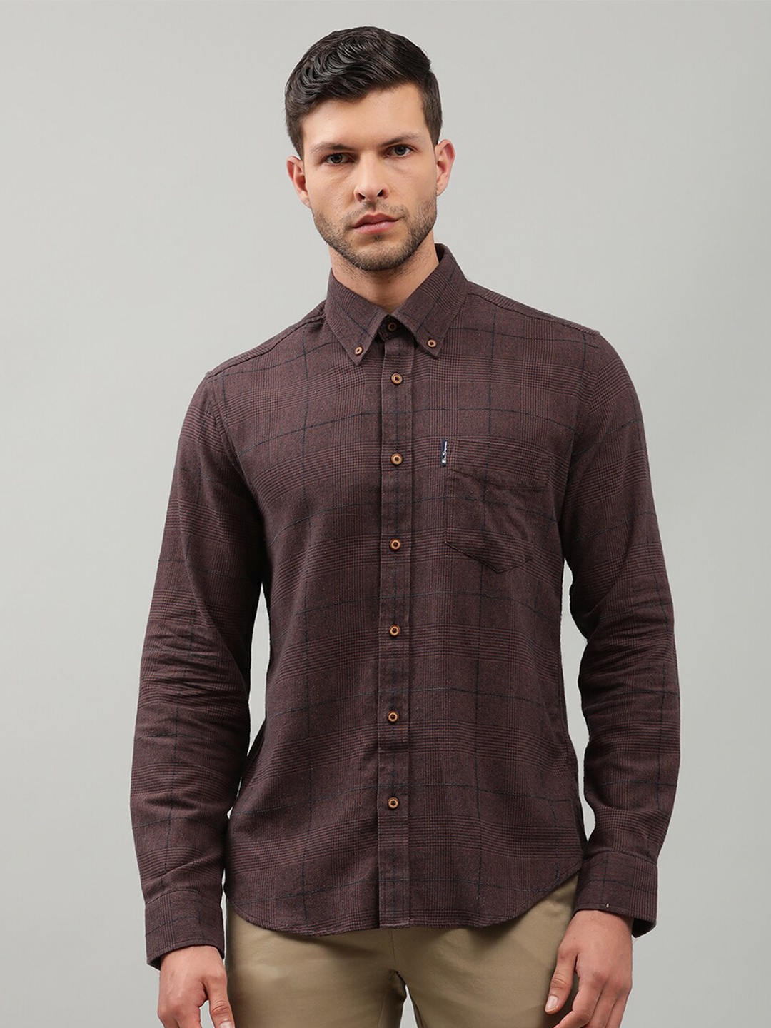 

BEN SHERMAN Men Brown Modern Checked Button-Down Collar Casual Shirt