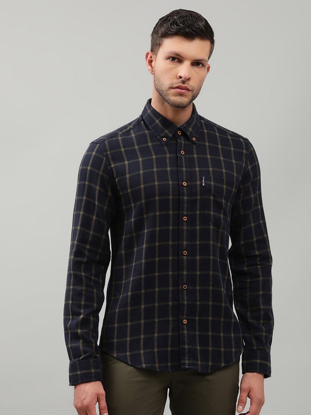 

BEN SHERMAN Men Blue Modern Regular Fit Windowpane Checked Cotton Casual Shirt