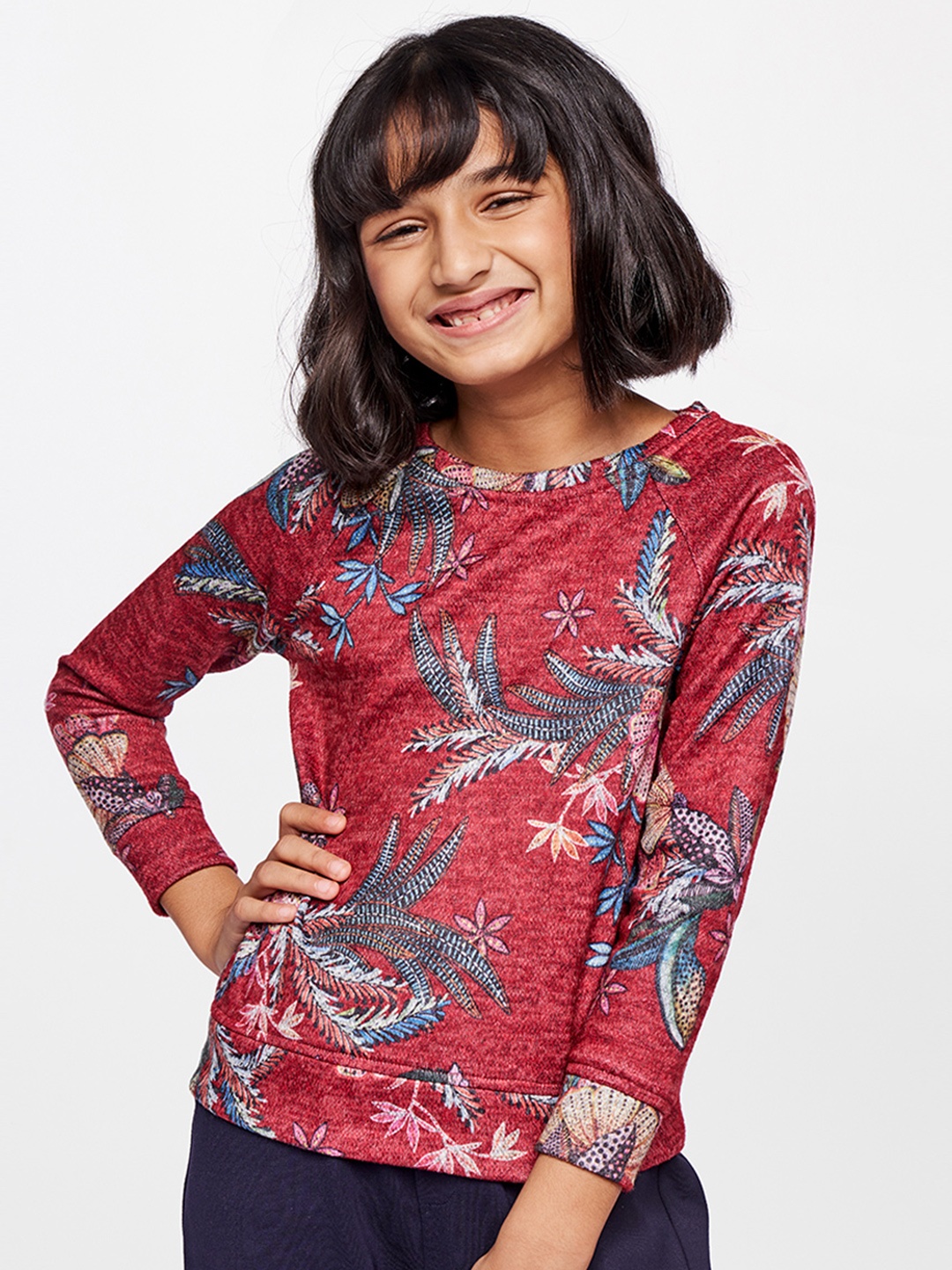 

Global Desi Red & Blue Floral Top