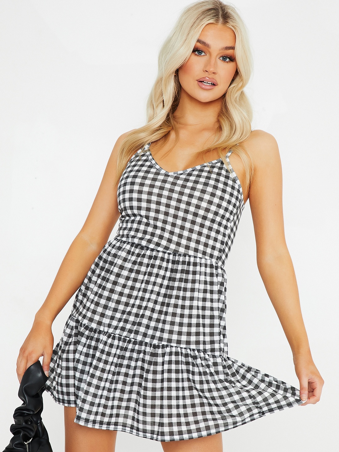 

I Saw It First Women Black & White Checked A-Line Tiered Mini Dress