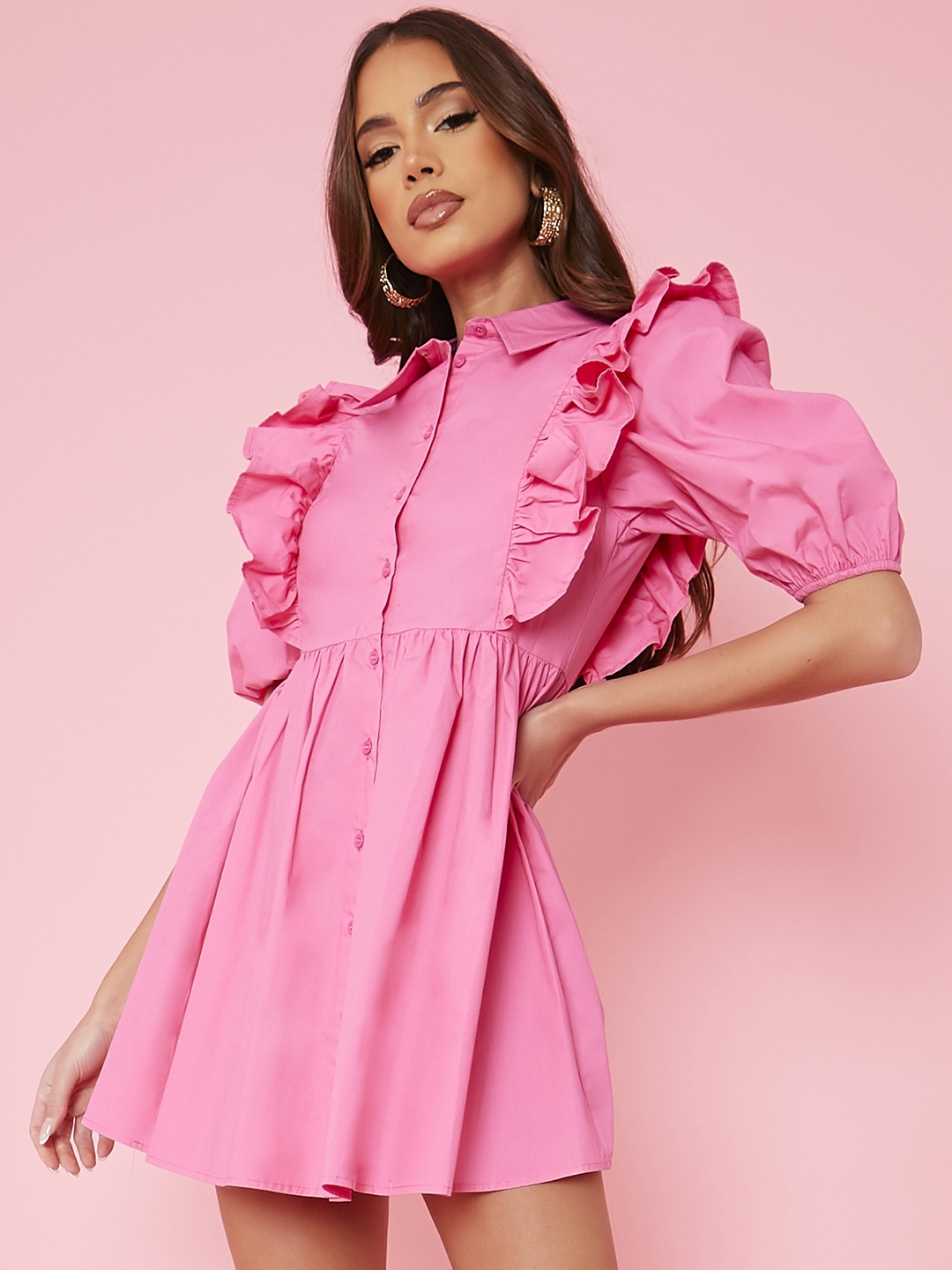 

I Saw It First Fuchsia Pink Solid Ruffle Puff Sleeves Pure Cotton Fit And Flared Dress