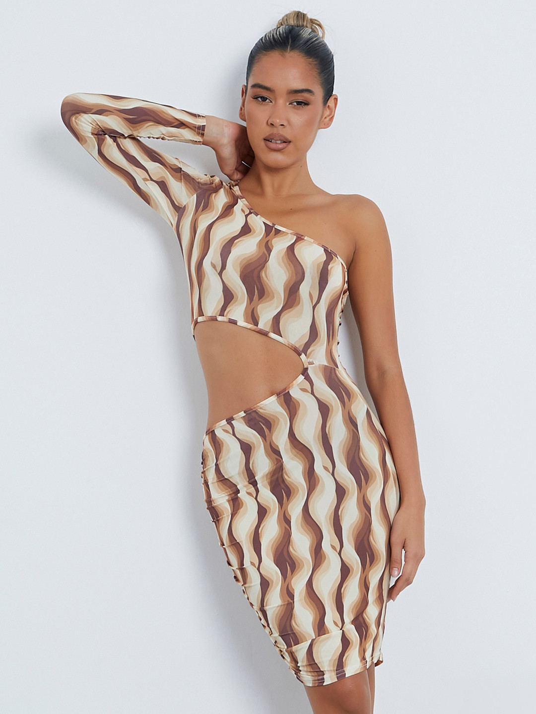

I Saw It First Women Brown & Cream-Coloured Abstract Printed One Shoulder Bodycon Dress