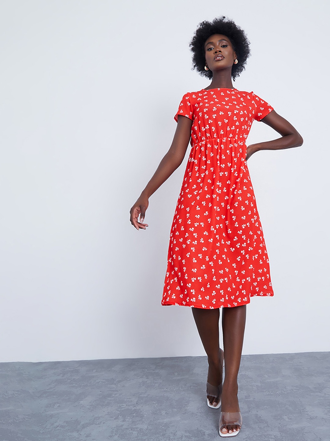 

I Saw It First Women Red & White Floral Printed A-Line Midi Dress