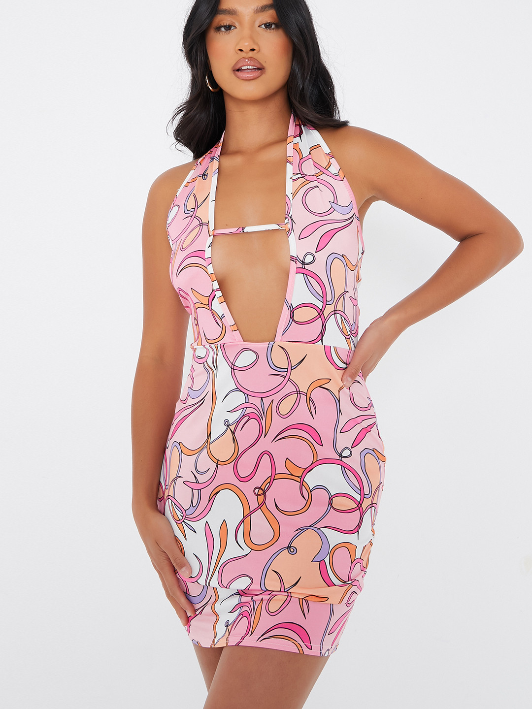 

I Saw It First Women Pink & White Abstract Print Bodycon Mini Dress