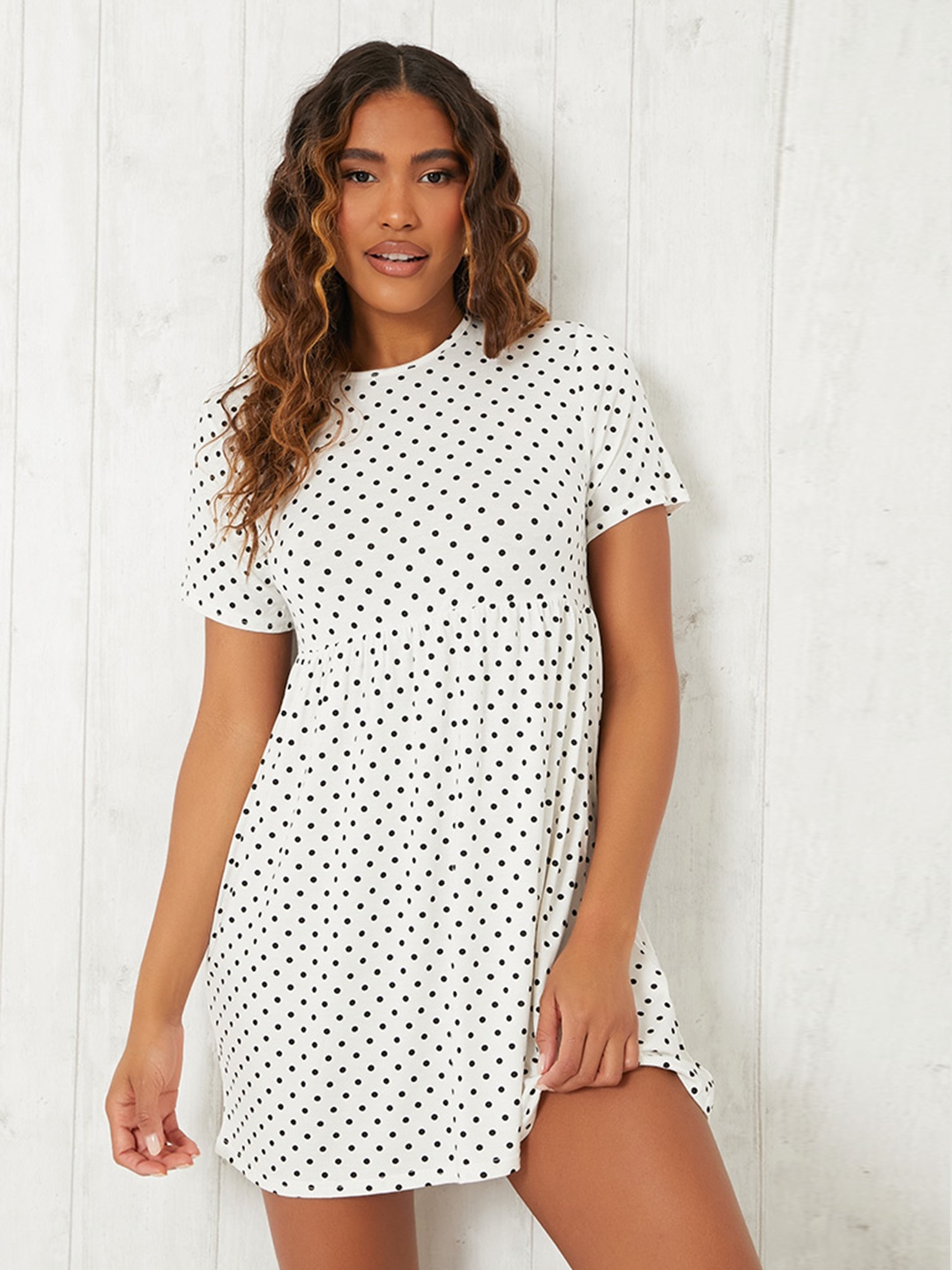 

I Saw It First Women White & Black Polka Dots Printed A-Line Mini Dress