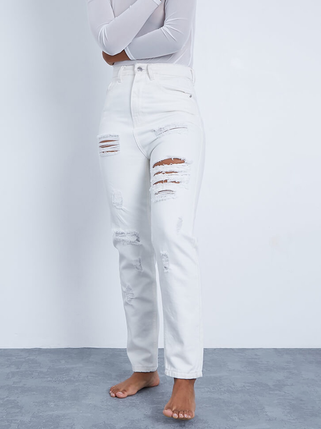 

I Saw It First Women White Highly Distressed Jeans