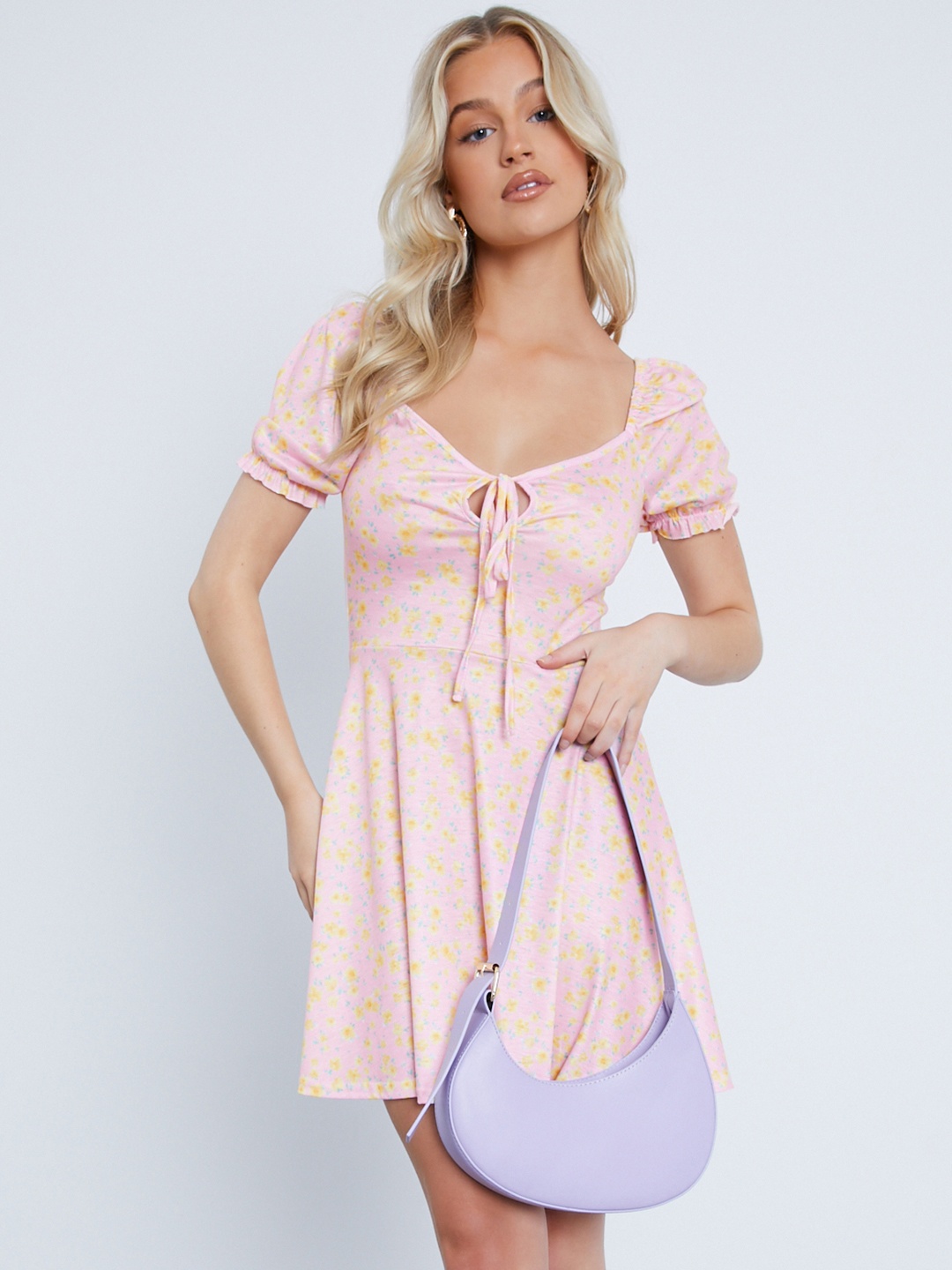 

I Saw It First Women Pink & Yellow Floral Print Fit & Flare Dress