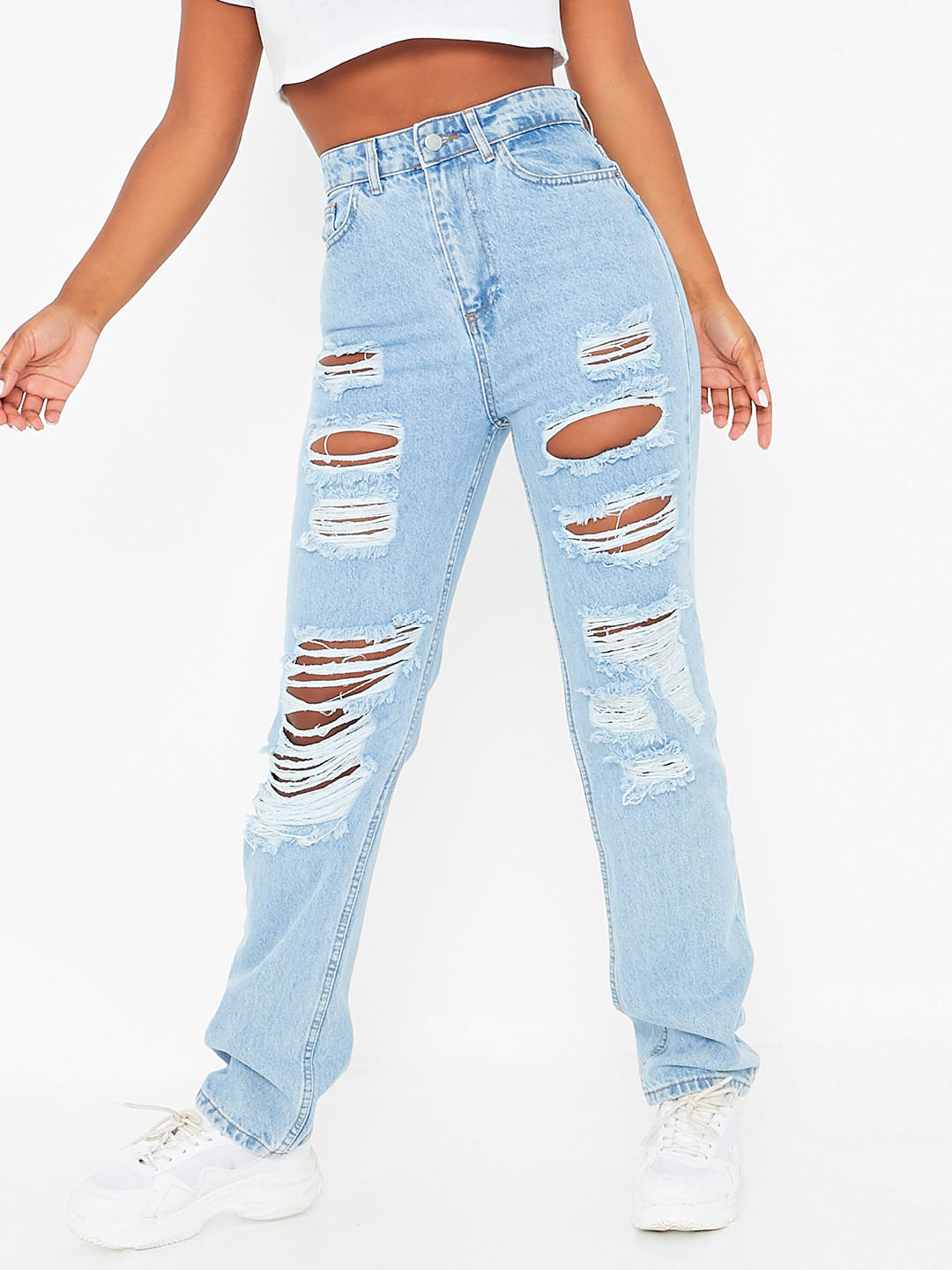 

I Saw It First Women Blue Highly Distressed Light Fade Baggy Fit Stretchable Jeans