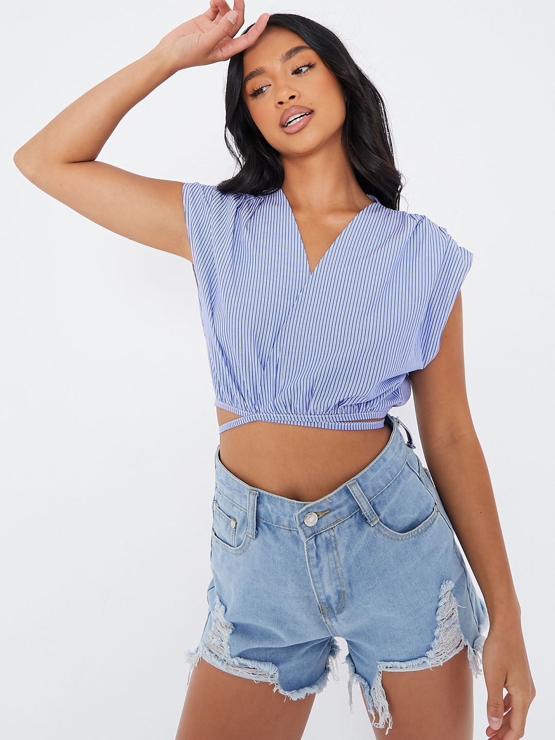 

I Saw It First Women Blue & White Striped Pure Cotton Cropped Wrap Top