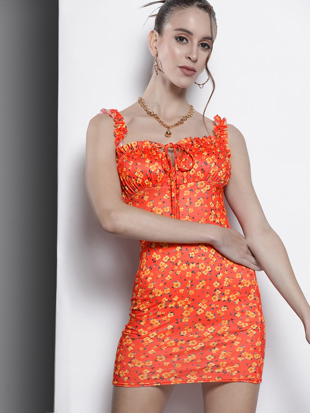 

I Saw It First Women Orange & Mustard Yellow Floral Tie-Up Neck Bodycon Dress