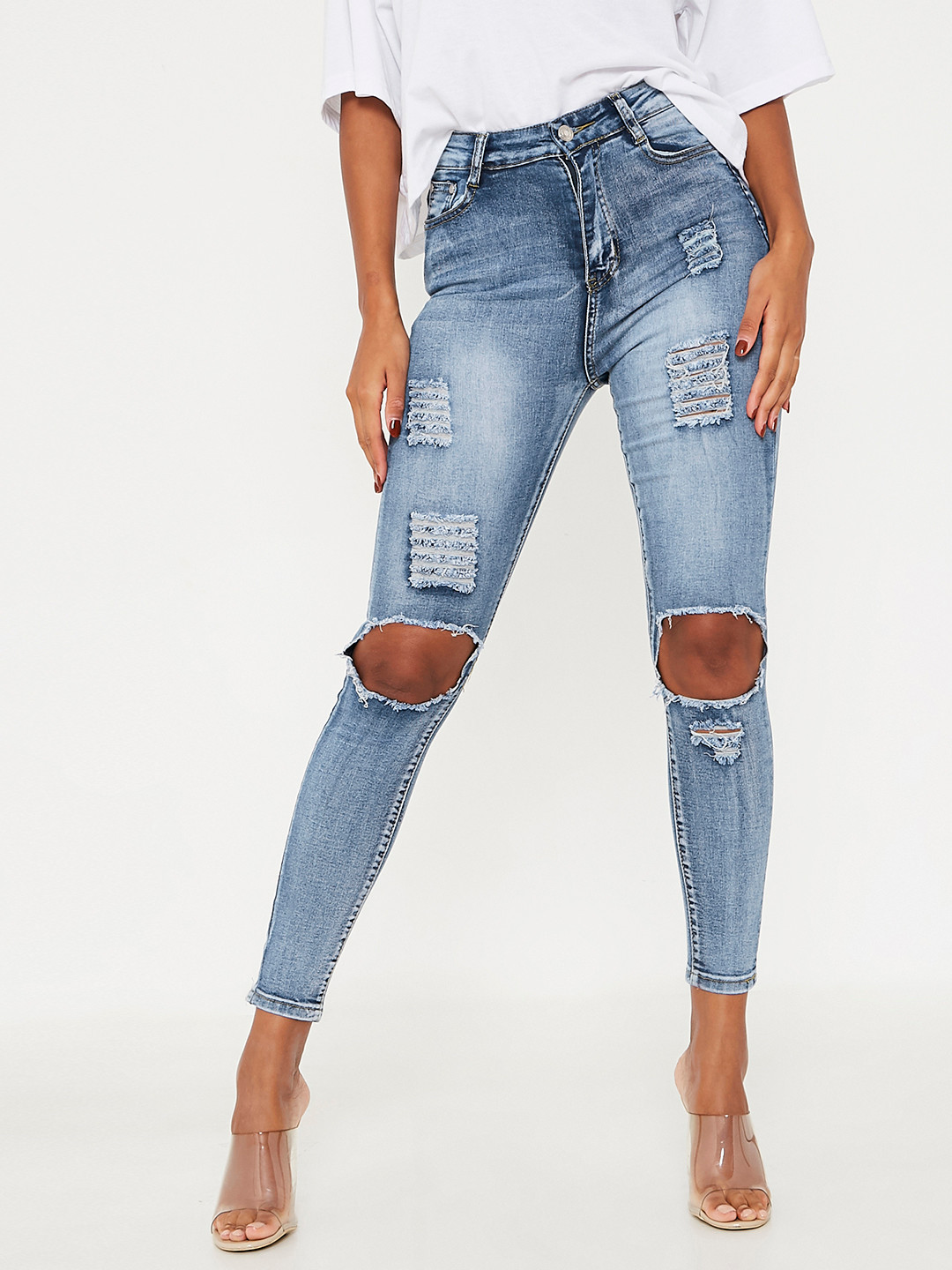 

I Saw It First Women Blue Skinny Fit Highly Distressed Light Fade Stretchable Jeans