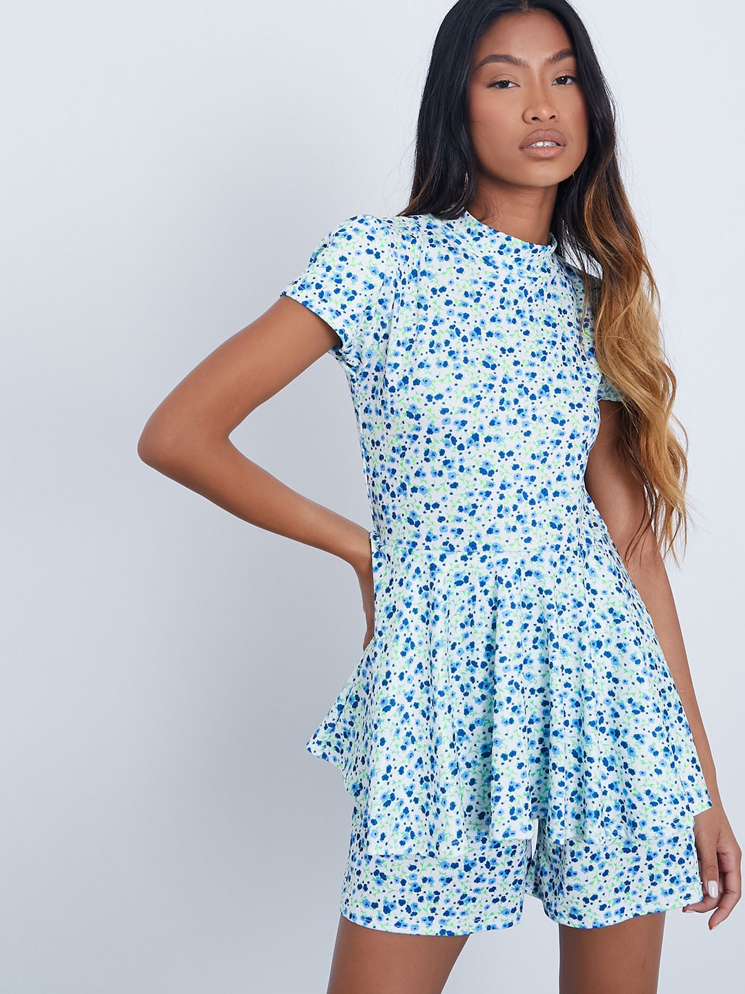 

I Saw It First Women White & Blue Floral Printed Skort Playsuit