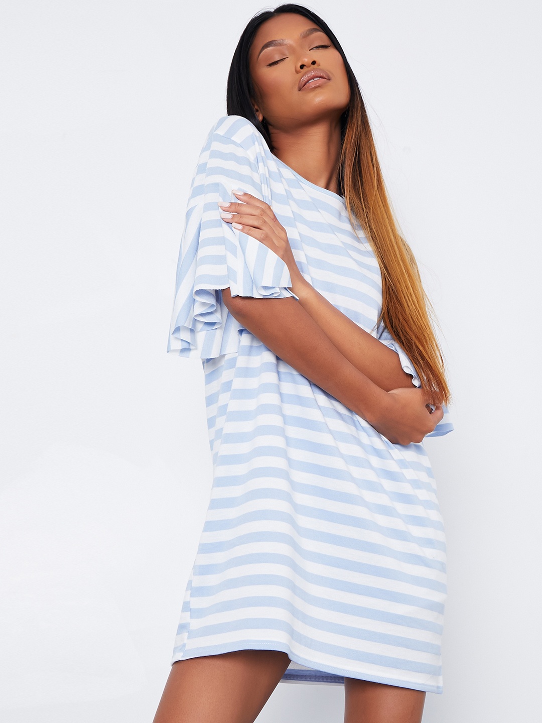 

I Saw It First Women White & Blue Striped Shift Dress