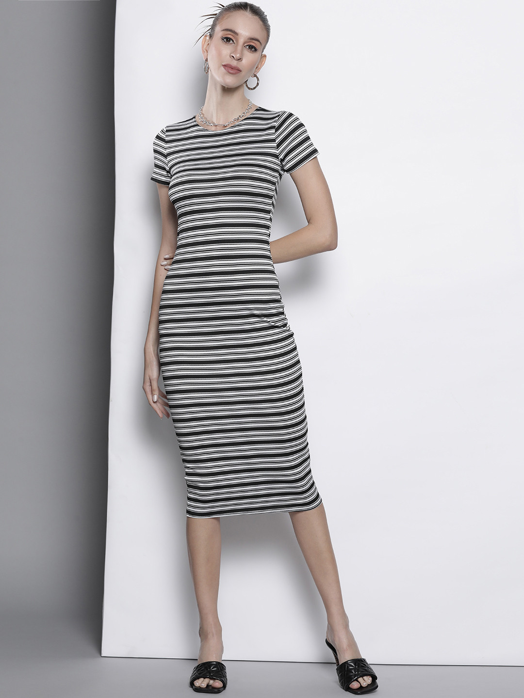 

I Saw It First Women White & Black Striped Sheath Midi Dress