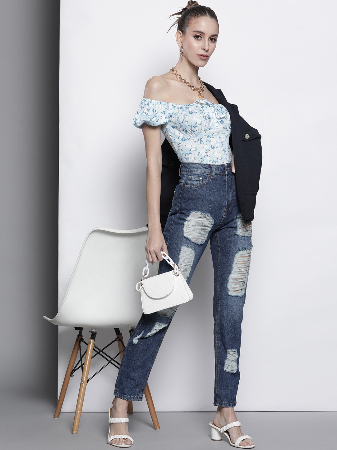 

I Saw It First Women Navy Blue Highly Distressed Mom Fit Pure Light Fade Jeans