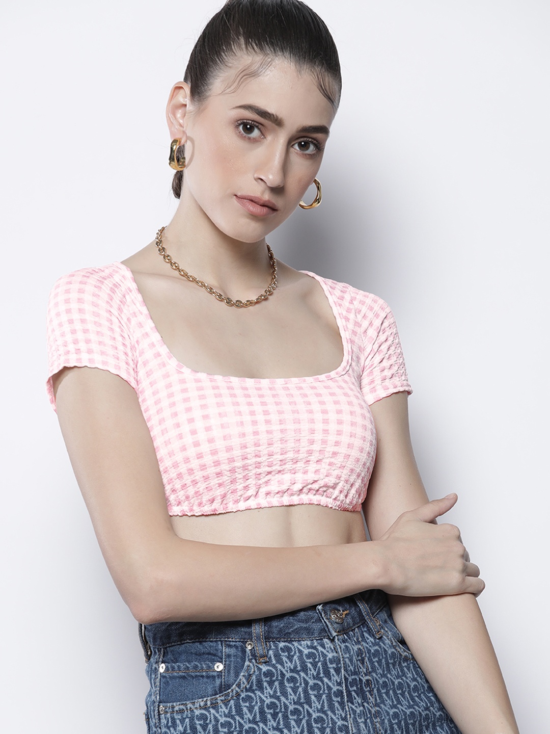 

I Saw It First Pink & White Gingham Checked Crop Top