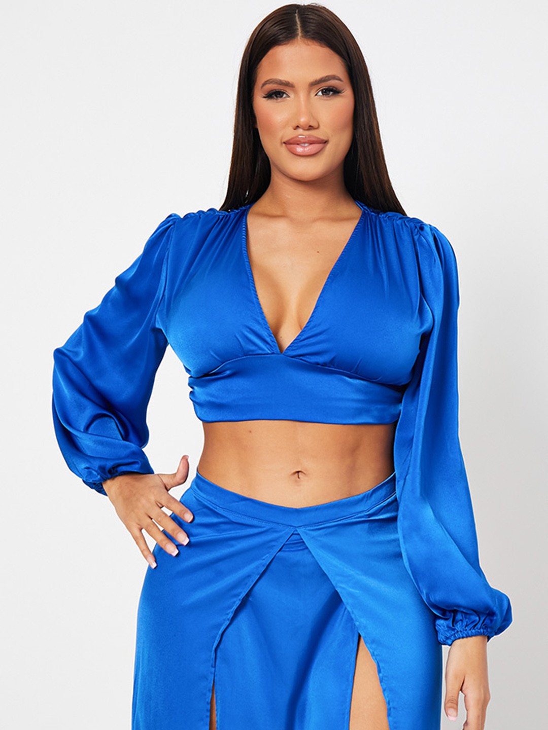 

I Saw It First Women Navy Blue Solid Satin Crop Top