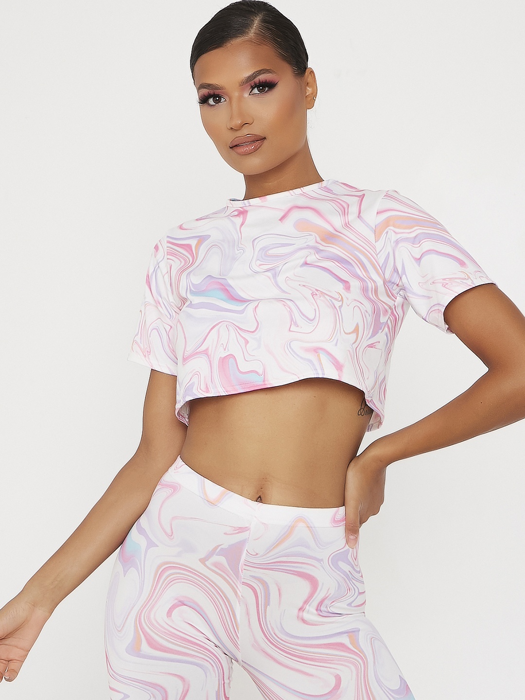 

I Saw It First Women White & Pink Abstract Printed Cropped Top