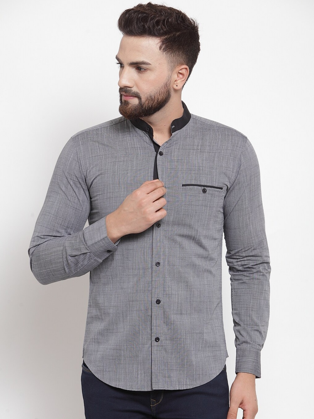 

WESTCLO Men Grey Self Design Slim Fit Casual Cotton Shirt