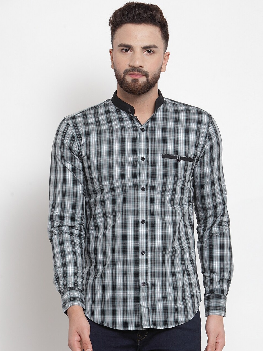 

WESTCLO Men Grey & Off-White Slim Fit Checked Cotton Casual Shirt