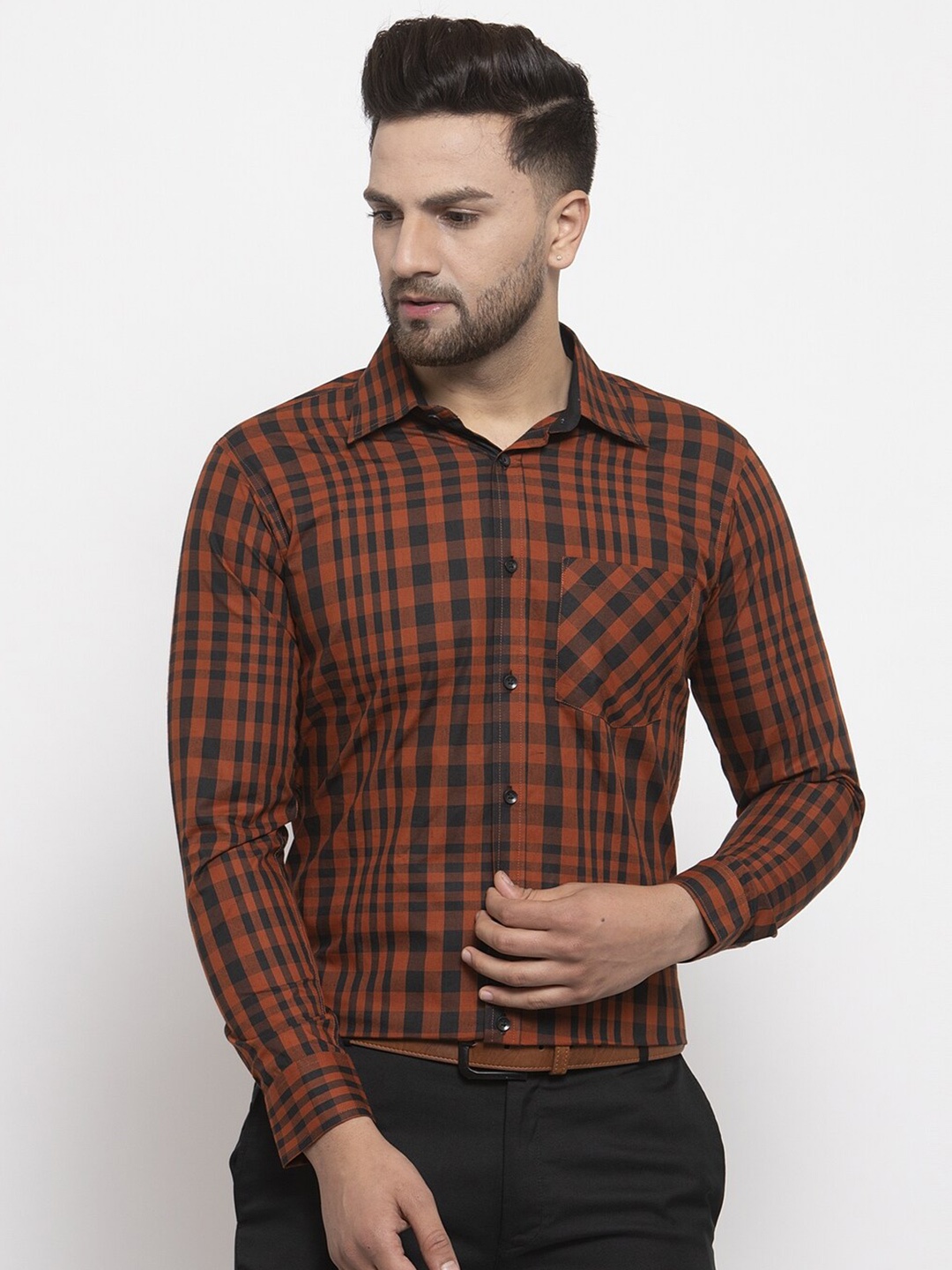 

WESTCLO Men Rust Brown & Black Slim Fit Checked Cotton Casual Shirt