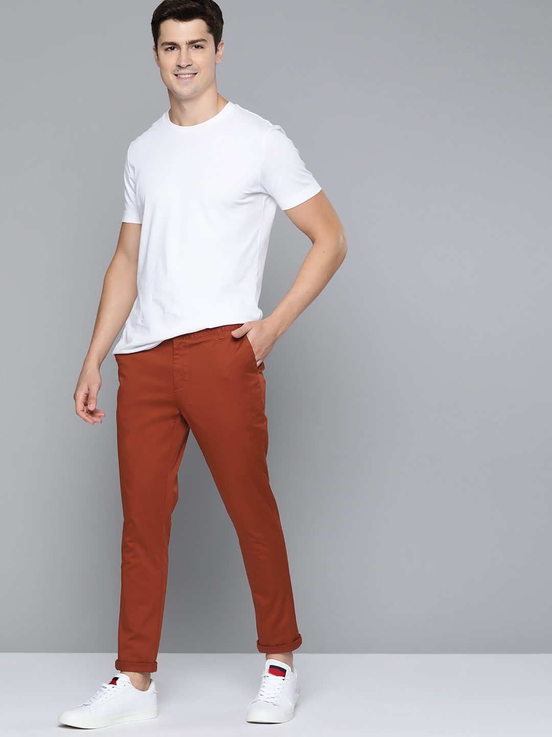 

Mast & Harbour Men Rust Orange Solid Trousers