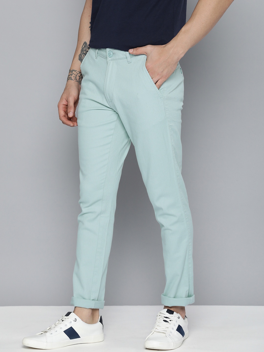 

Mast & Harbour Men Blue Self Designed Textured Chinos Trousers