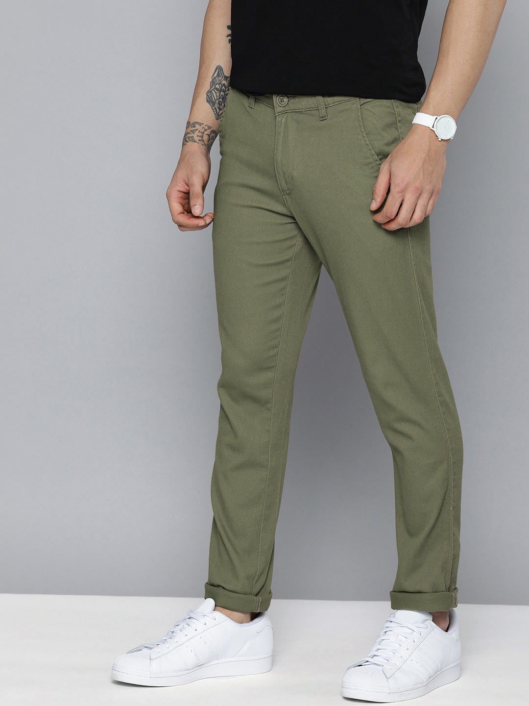 

Mast & Harbour Men Olive Green Solid Mid-Rise Regular Trousers