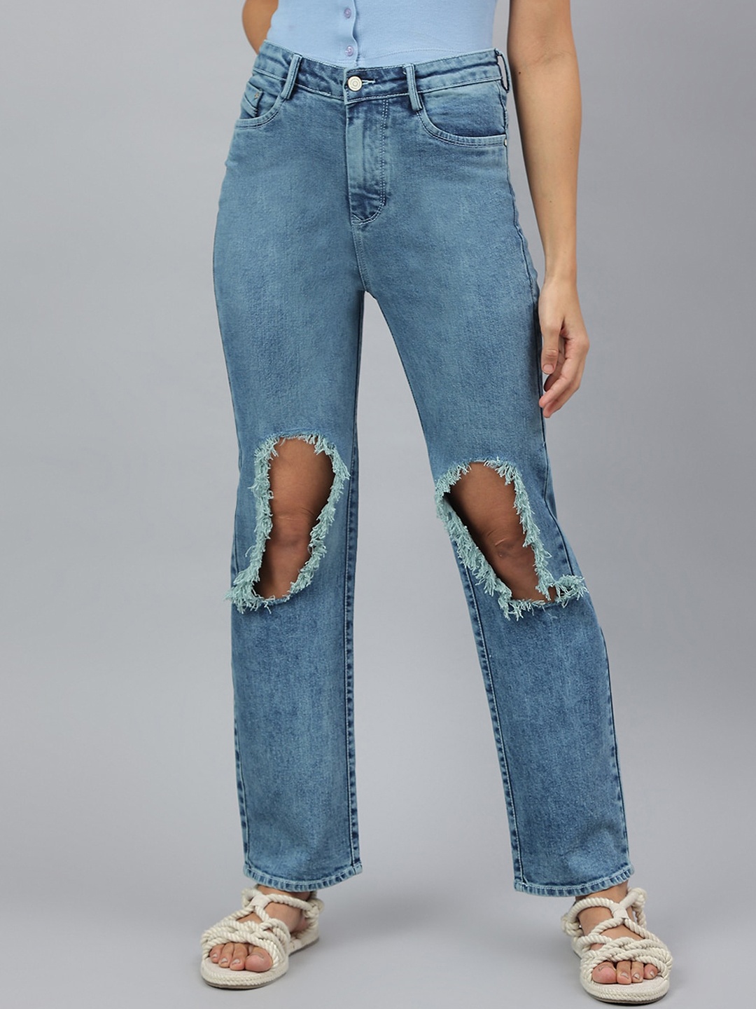 

Code 61 Women Blue Wide Leg High-Rise Highly Distressed Heavy Fade Bleached Stretchable Jeans