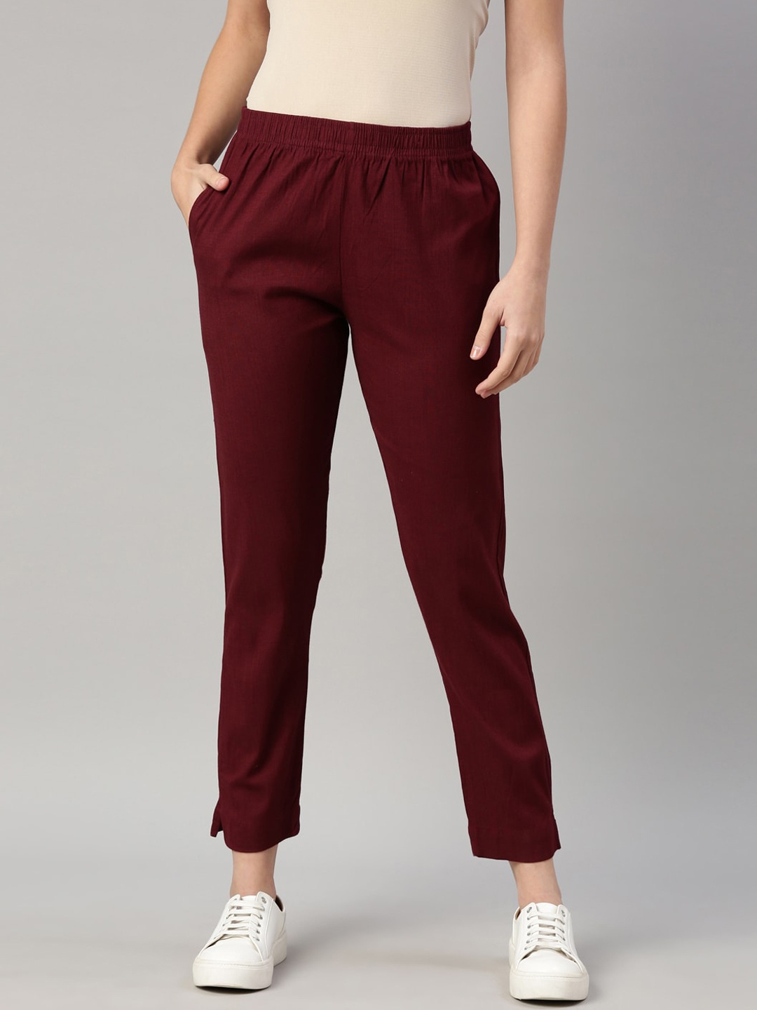 

GOLDSTROMS Women Burgundy Solid Cropped Cotton Cigarette Trousers