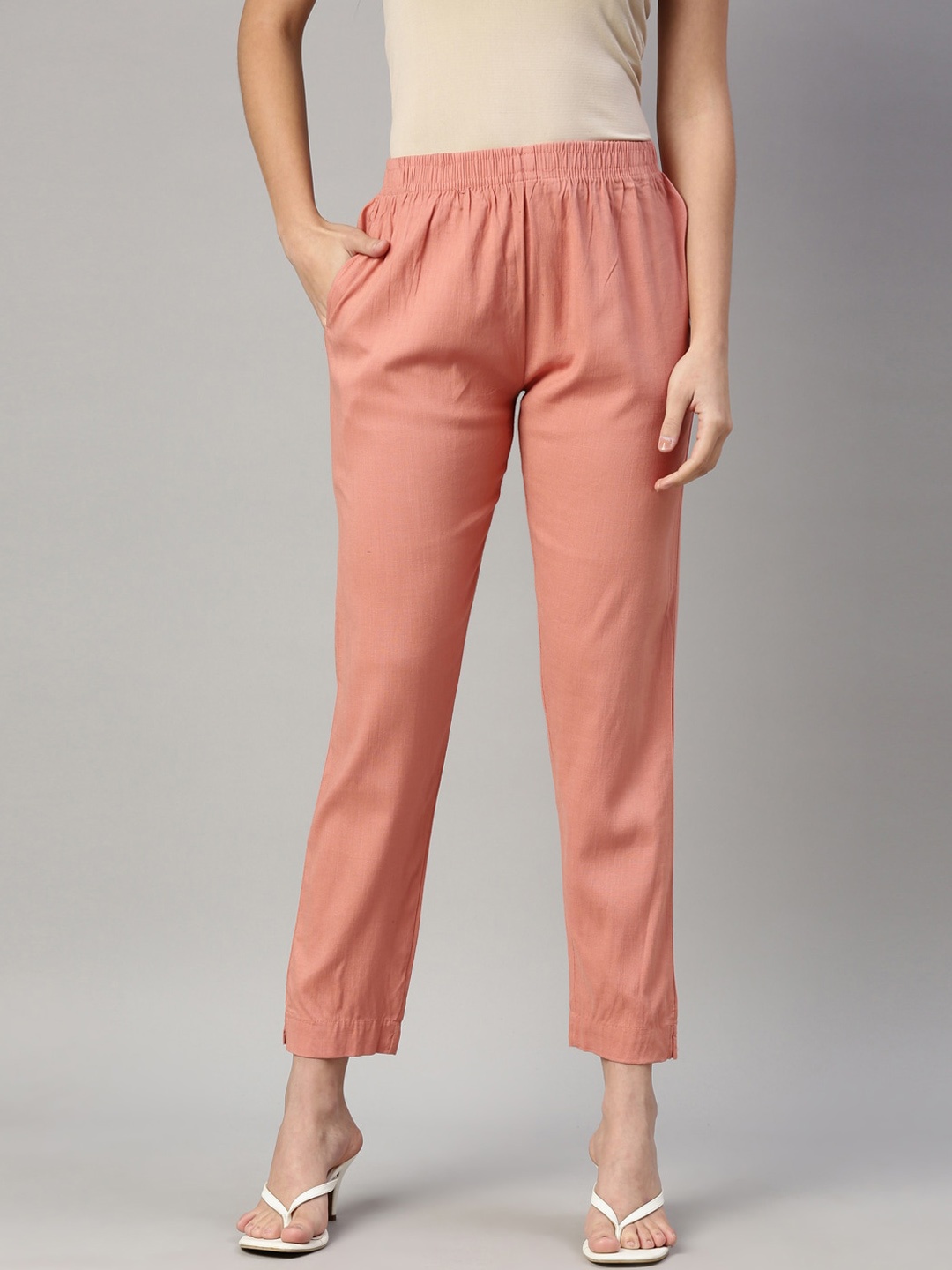 

GOLDSTROMS Women Peach-Coloured Solid Trousers