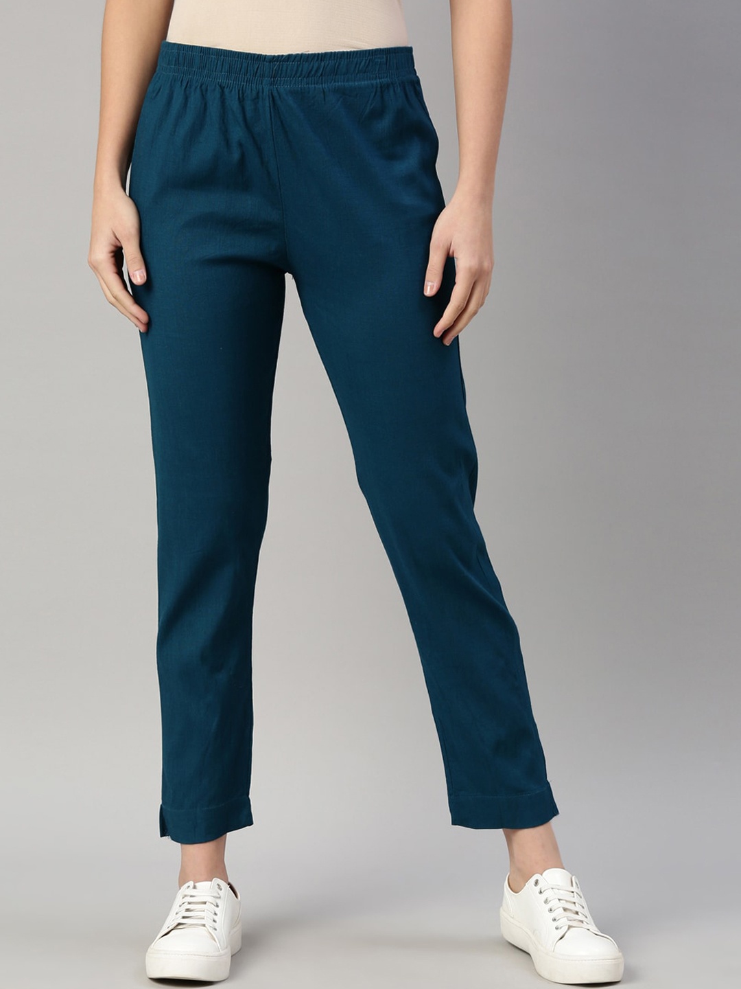 

GOLDSTROMS Women Blue Solid Cotton Trousers
