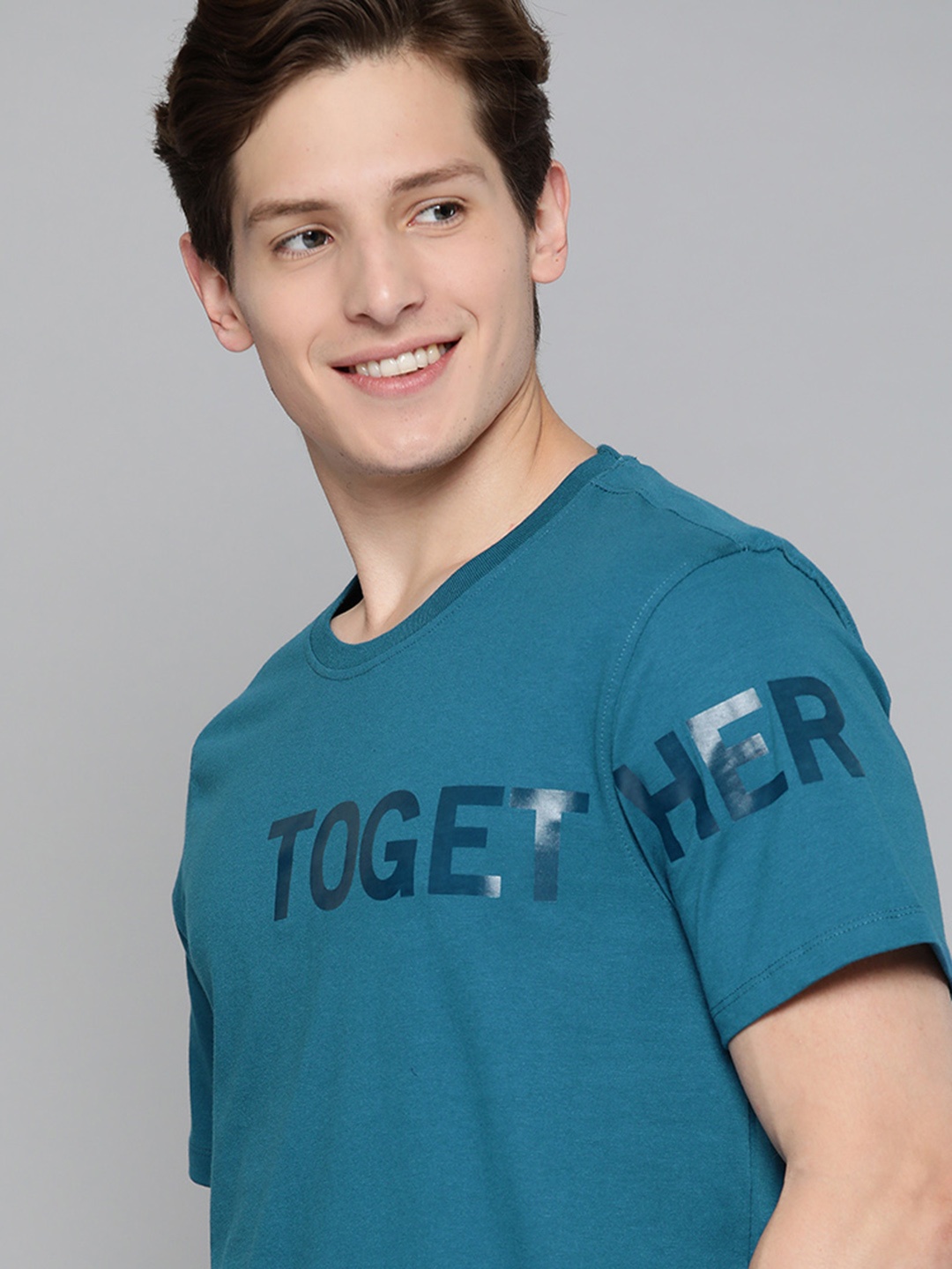 

Mast & Harbour Men Teal Blue Typography Printed T-shirt