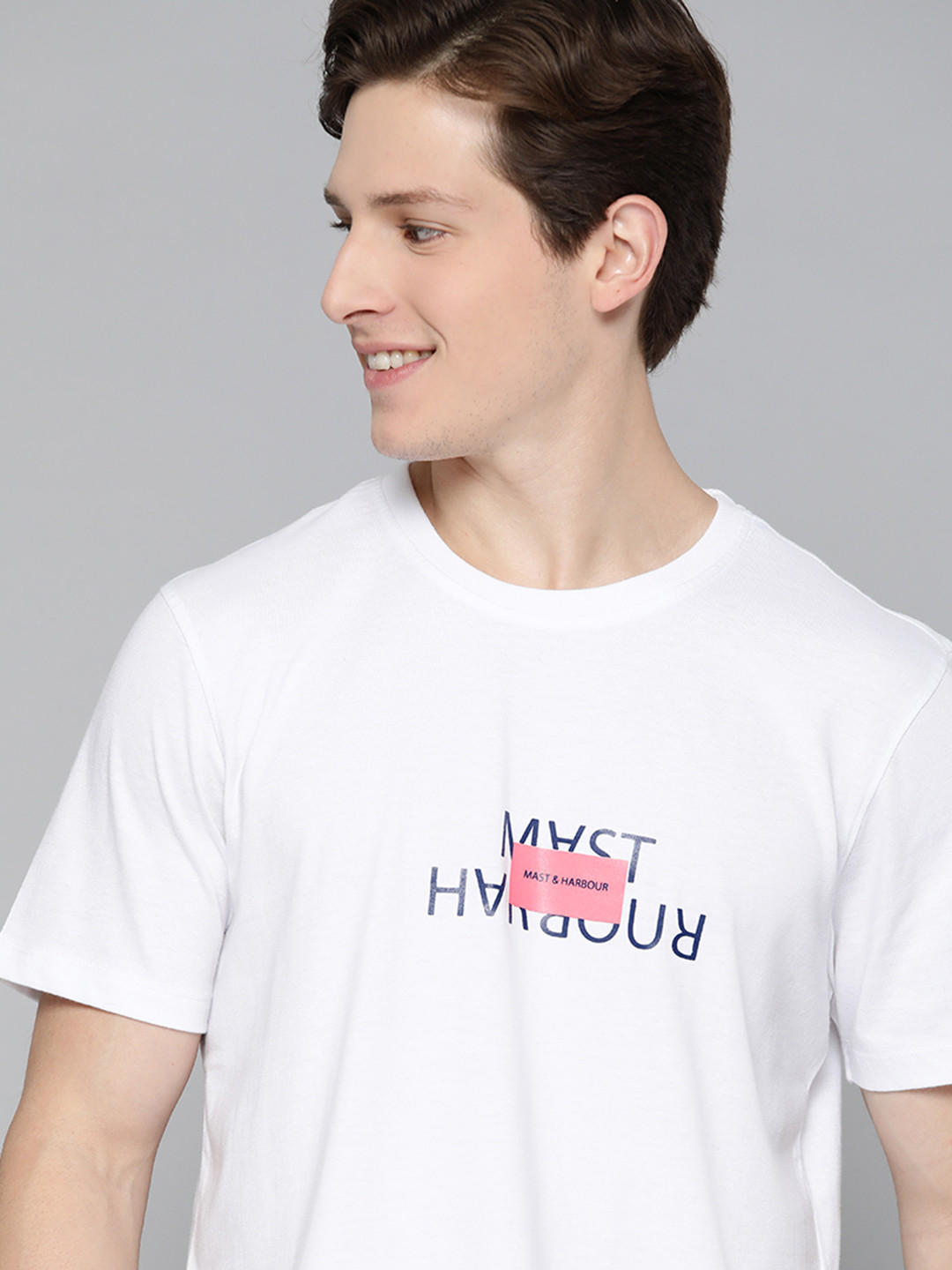 

Mast & Harbour Men White & Navy Blue Brand Logo Printed T-shirt