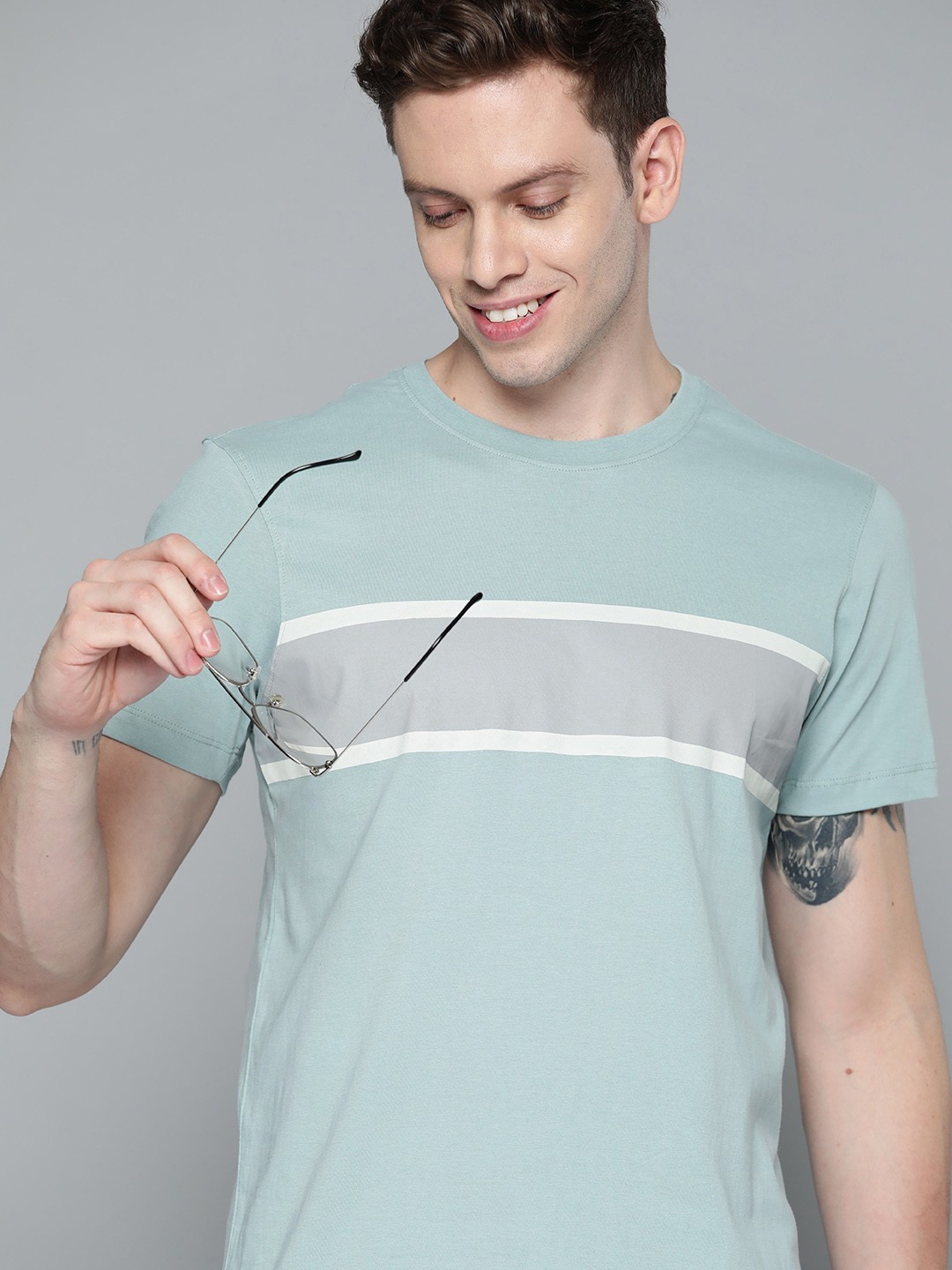 

Mast & Harbour Men Blue & Grey Striped Pure Cotton T-shirt