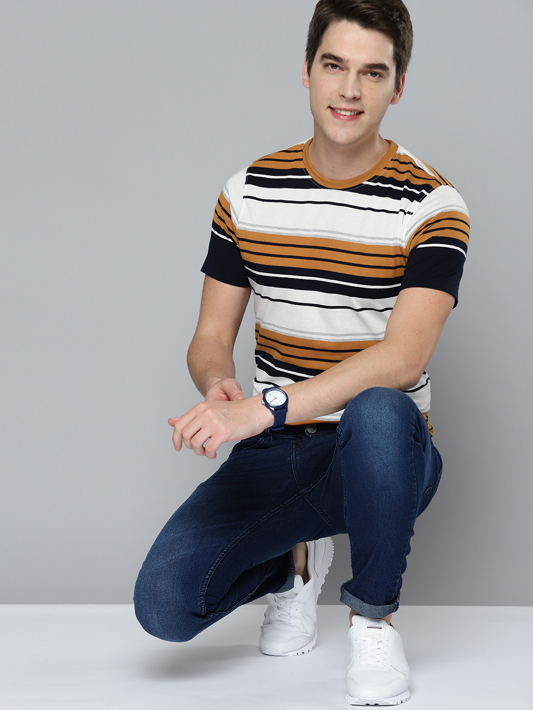 

Mast & Harbour Men Mustard Yellow & White Striped T-shirt