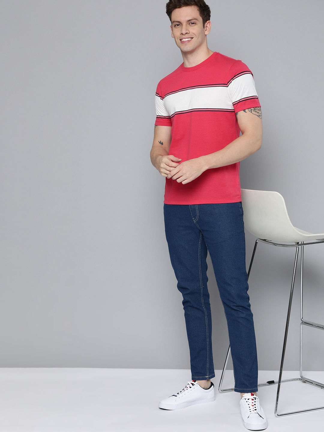 Mast & Harbour Men Coral Pink & White Striped T-shirt