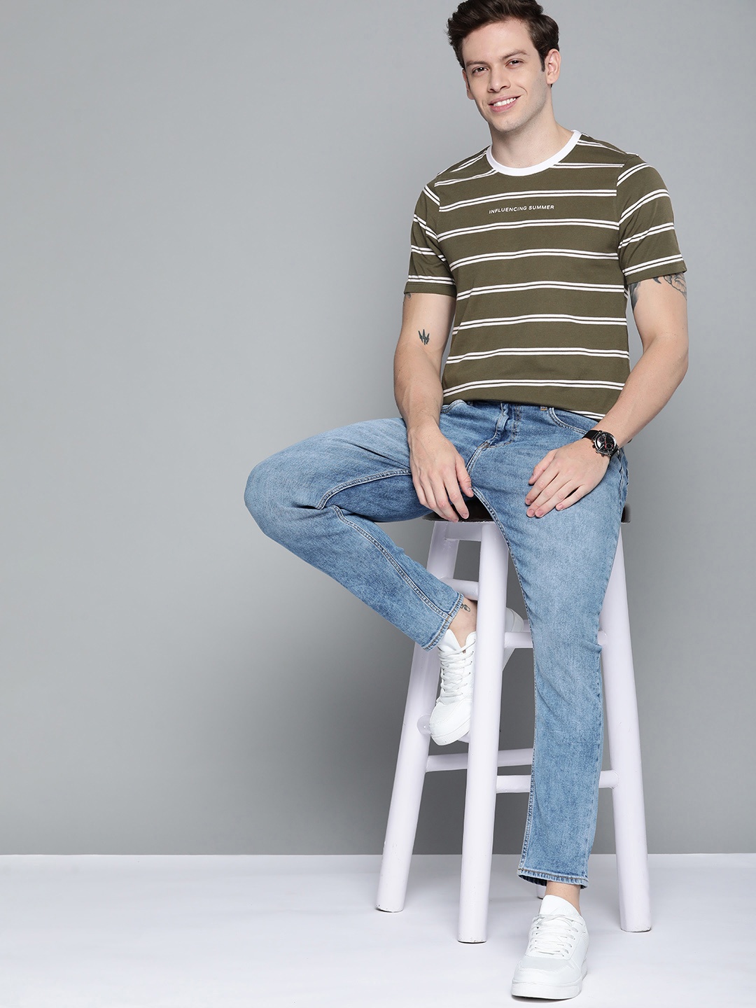 

Mast & Harbour Men Olive Green & White Striped T-shirt