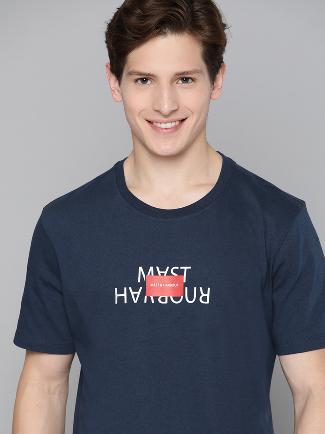 

Mast & Harbour Men Navy Blue & White Brand Logo Printed T-shirt