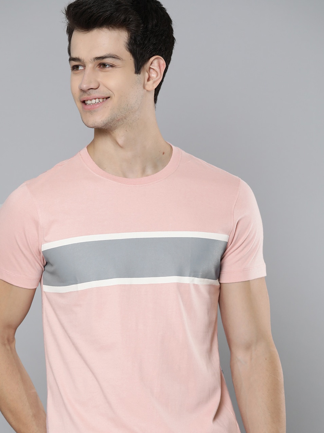 

Mast & Harbour Men Peach-Coloured & Grey Pure Cotton Colourblocked T-shirt