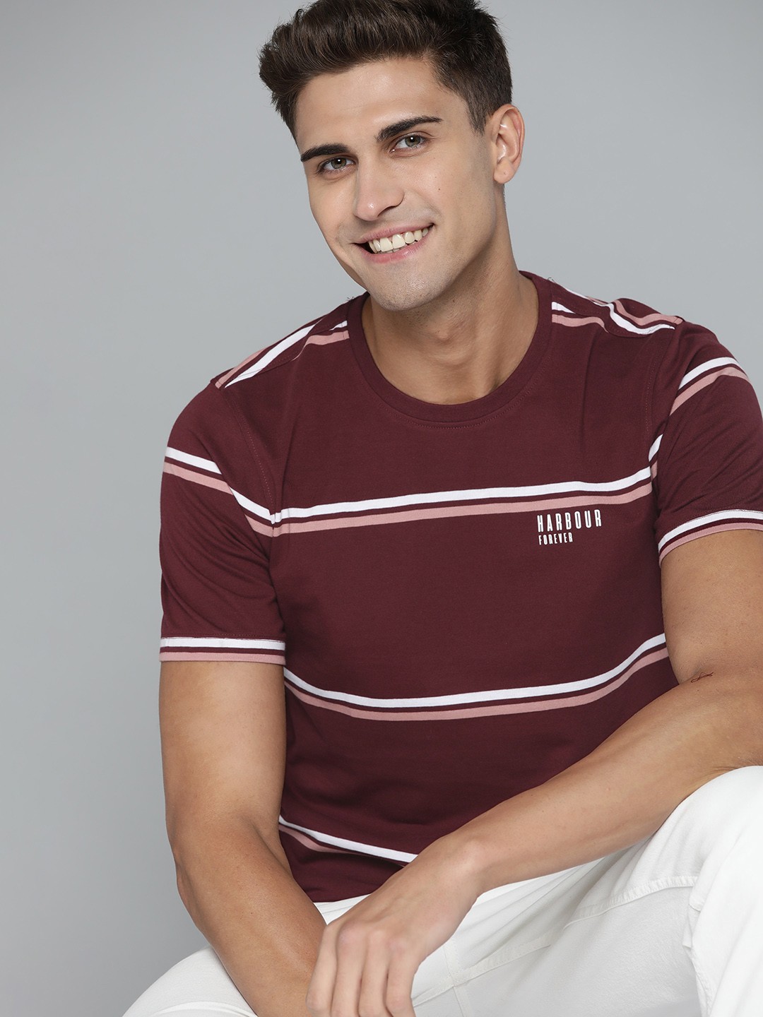 

Mast & Harbour Men Maroon & White Striped T-shirt