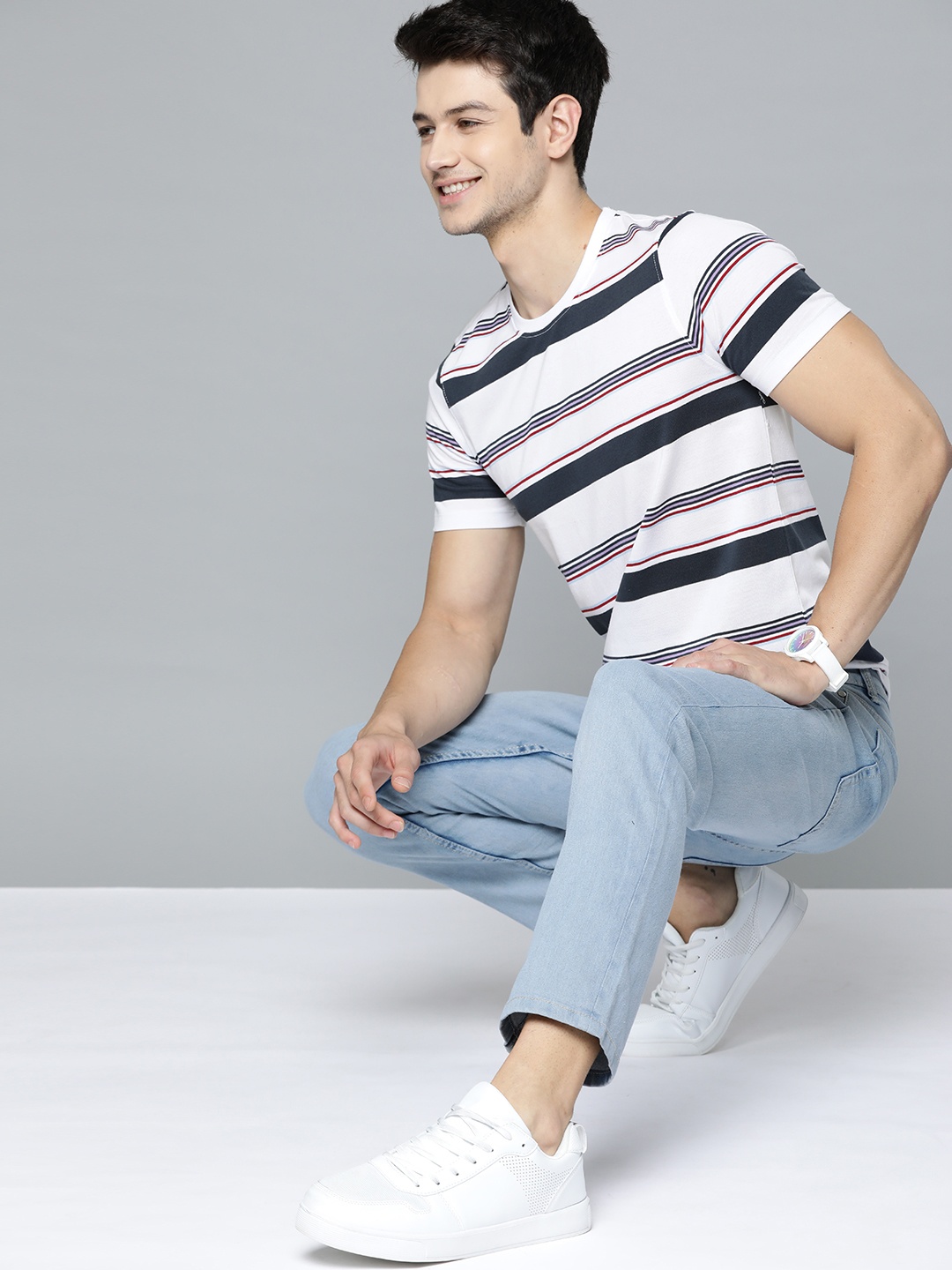 

Mast & Harbour Men White & Navy Blue Striped T-shirt