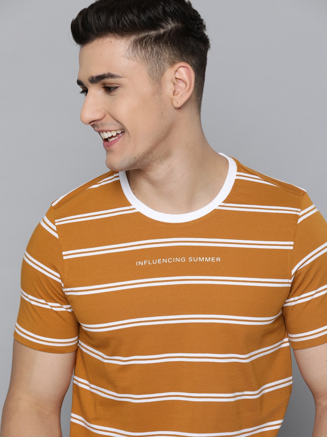 

Mast & Harbour Men Mustard Brown & White Striped T-shirt