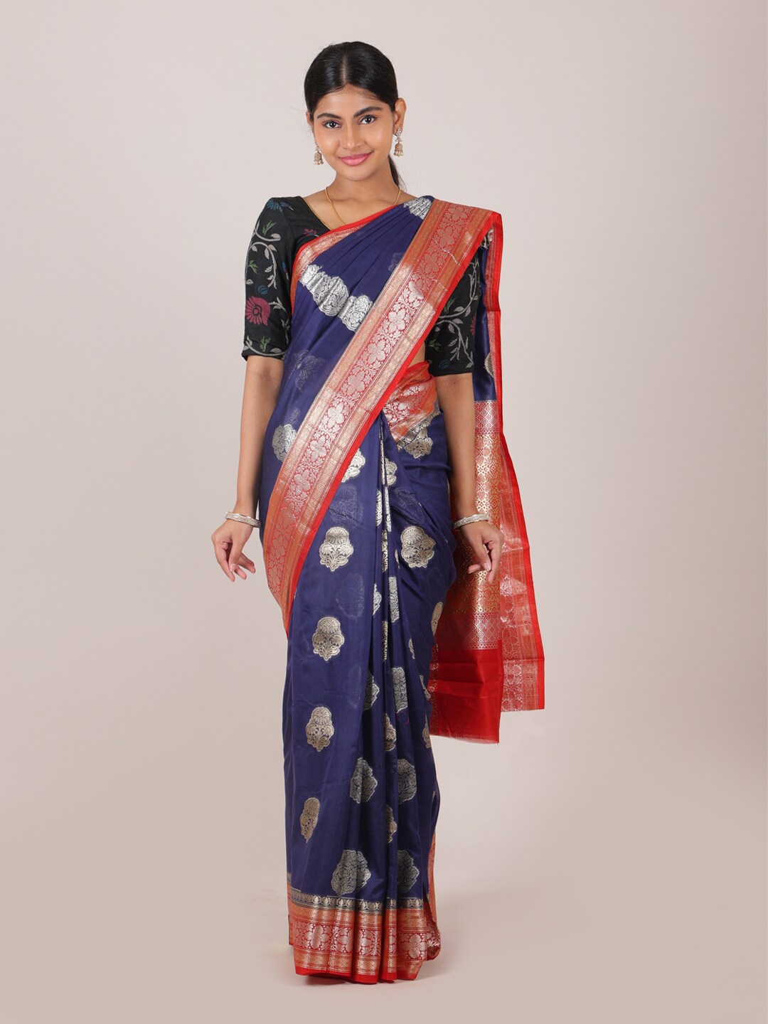 

Pothys Blue & Red Floral Zari Pure Silk Muga Saree