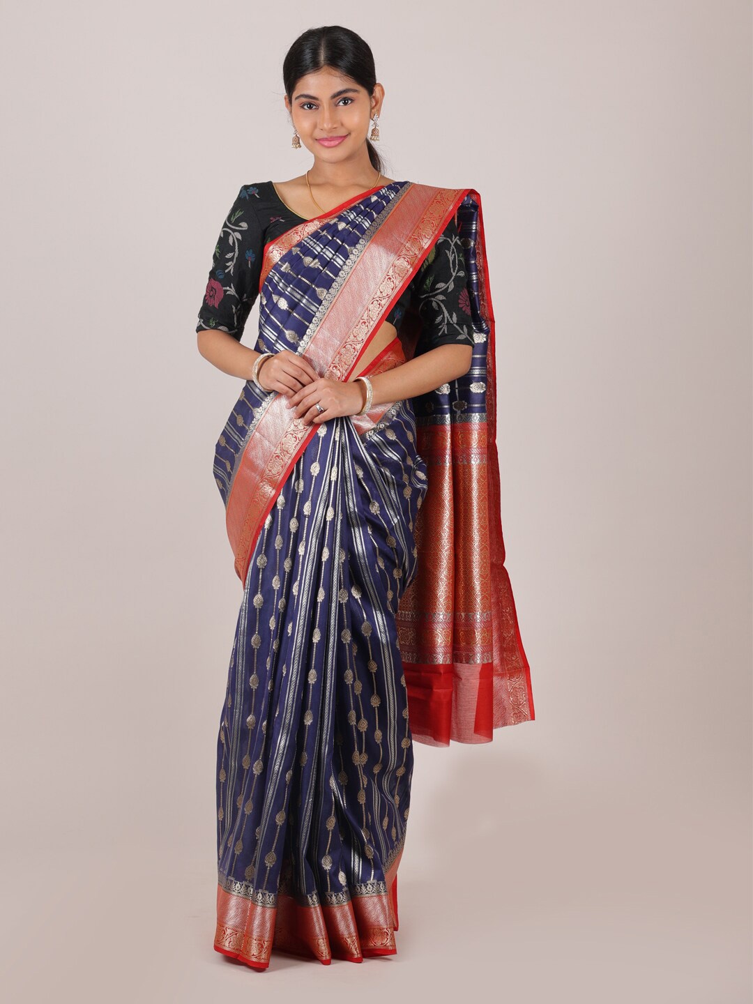 

Pothys Blue & Red Woven Design Zari Pure Silk Saree