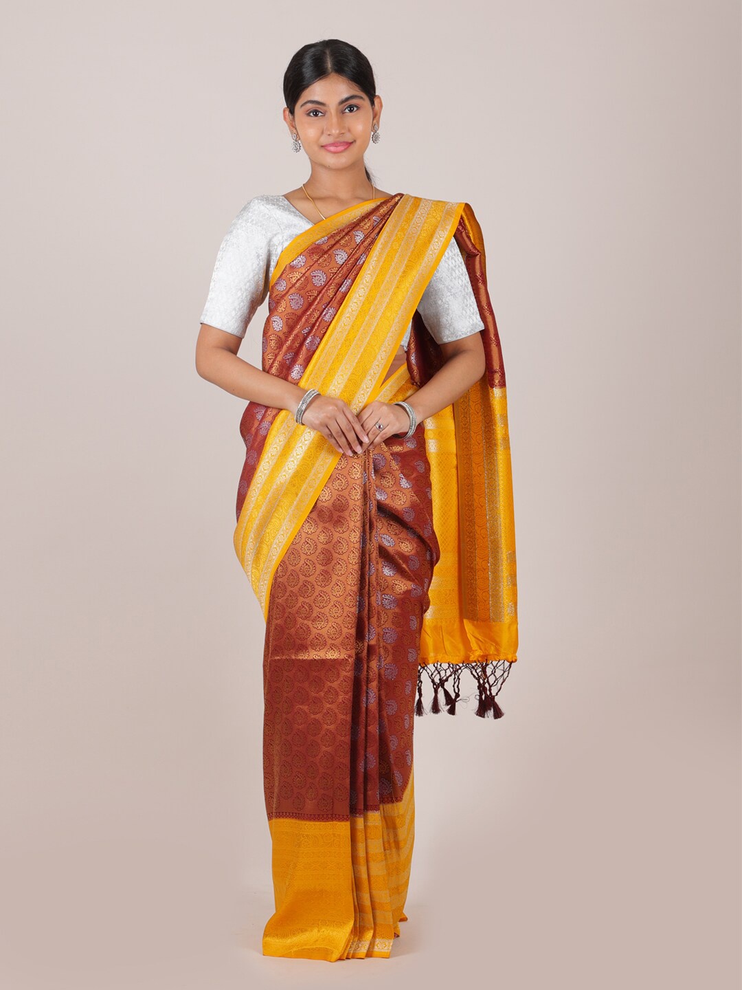 

Pothys Maroon & Mustard Ethnic Motifs Zari Art Silk Saree